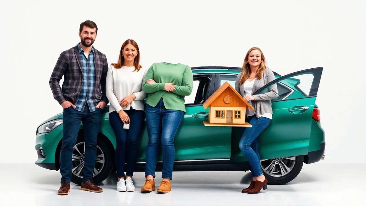 Família feliz com carro novo e miniatura de casa representando consórcio