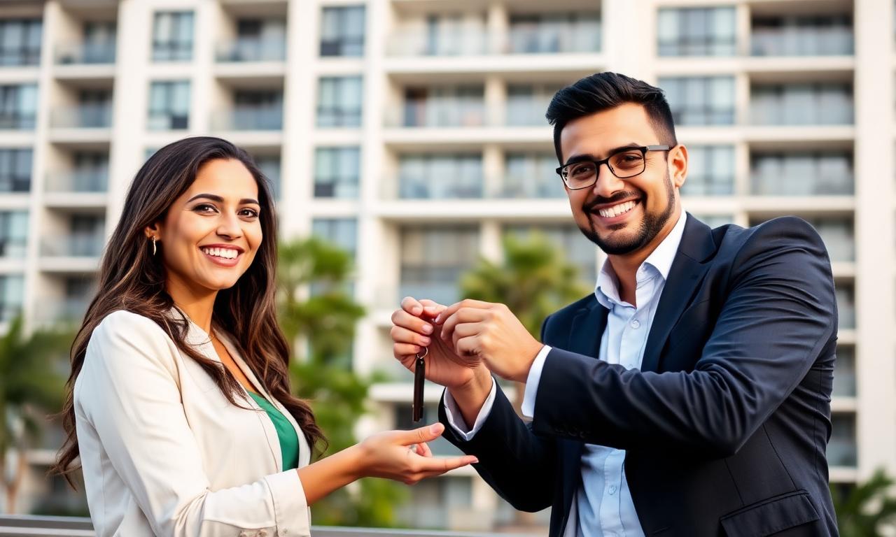 Casal brasileiro recebendo as chaves do novo apartamento após contemplação no consórcio de imóveis