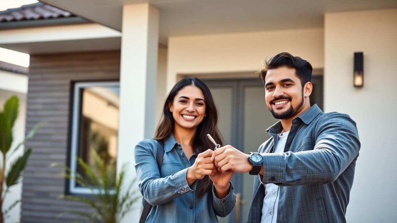 Casal jovem brasileiro recebendo as chaves da casa nova