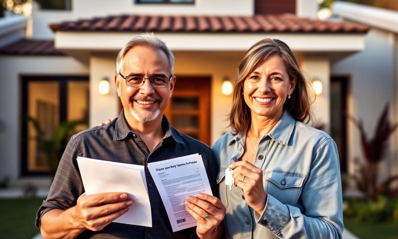 Casal analisando contrato de empréstimo com garantia de imóvel em frente à sua residência