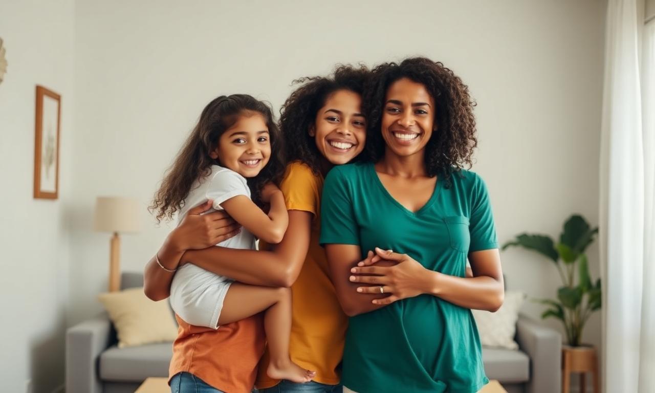 Família brasileira protegida e feliz em casa representando segurança do seguro de vida